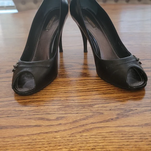 Louis Vuitton Black Genuine Leather Logo Peep Toe Sandal Shoes Pumps Heels - Picture 8 of 16